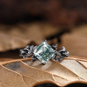 Princess Cut Moss Agate Engagement Ring Leaf Floral Nature Inspired Wedding Ring For Women - anerjuly