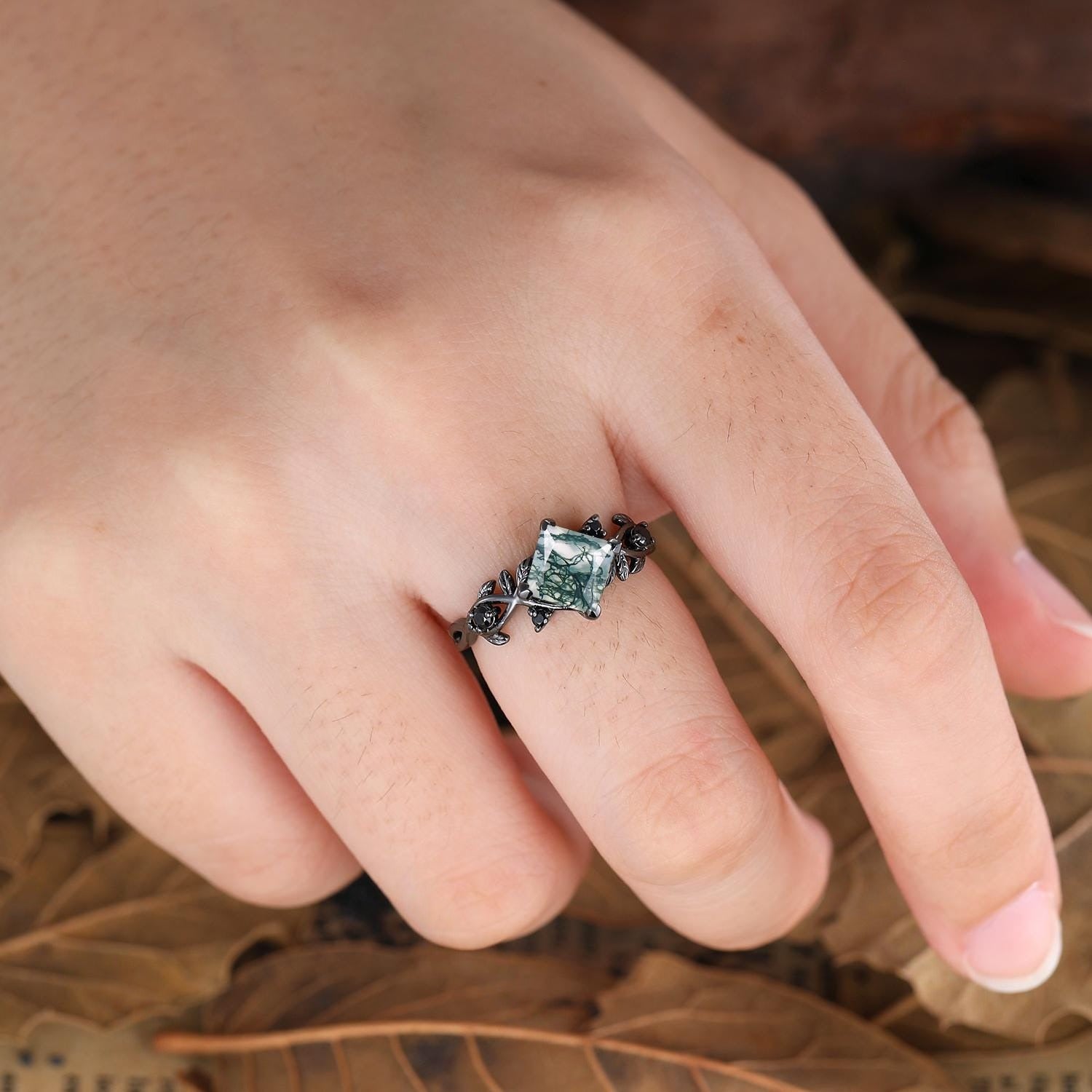 Princess Cut Moss Agate Engagement Ring Leaf Floral Nature Inspired Wedding Ring For Women - anerjuly