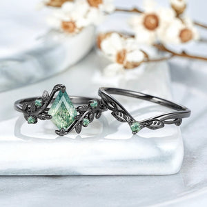 Princess Cut Unique Moss Agate Couple Rings Nature - Inspired His & Her Matching Wedding Band - anerjuly