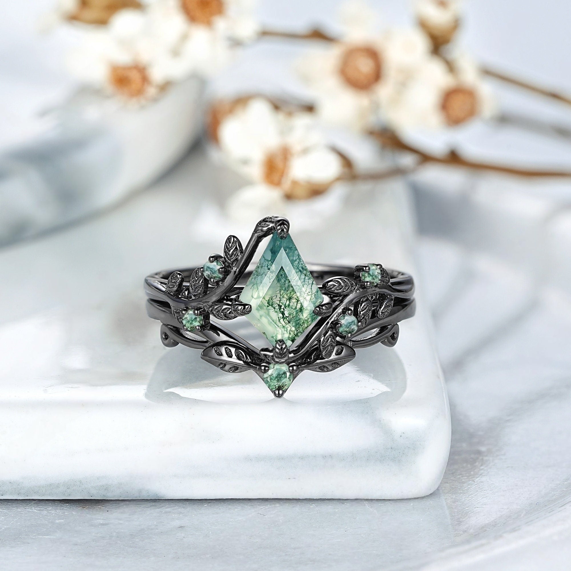 Princess Cut Unique Moss Agate Couple Rings Nature - Inspired His & Her Matching Wedding Band - anerjuly