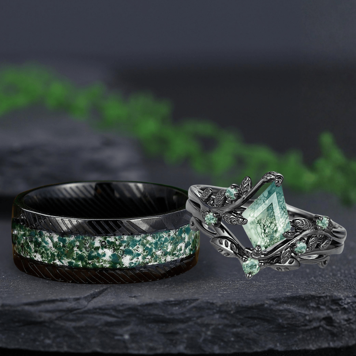 Princess Cut Unique Moss Agate Couple Rings Nature - Inspired His & Her Matching Wedding Band - anerjuly