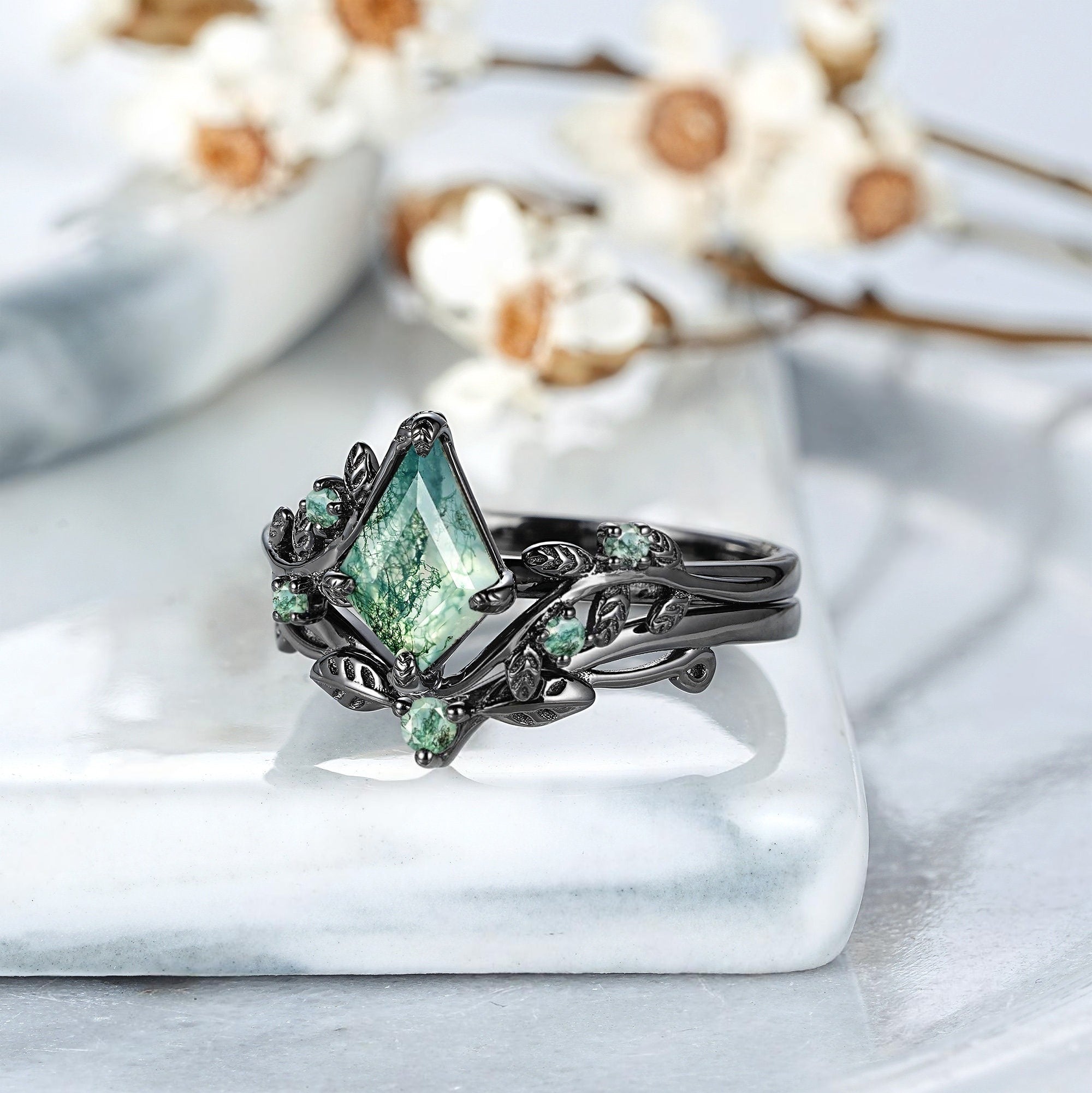Princess Cut Unique Moss Agate Couple Rings Nature - Inspired His & Her Matching Wedding Band - anerjuly