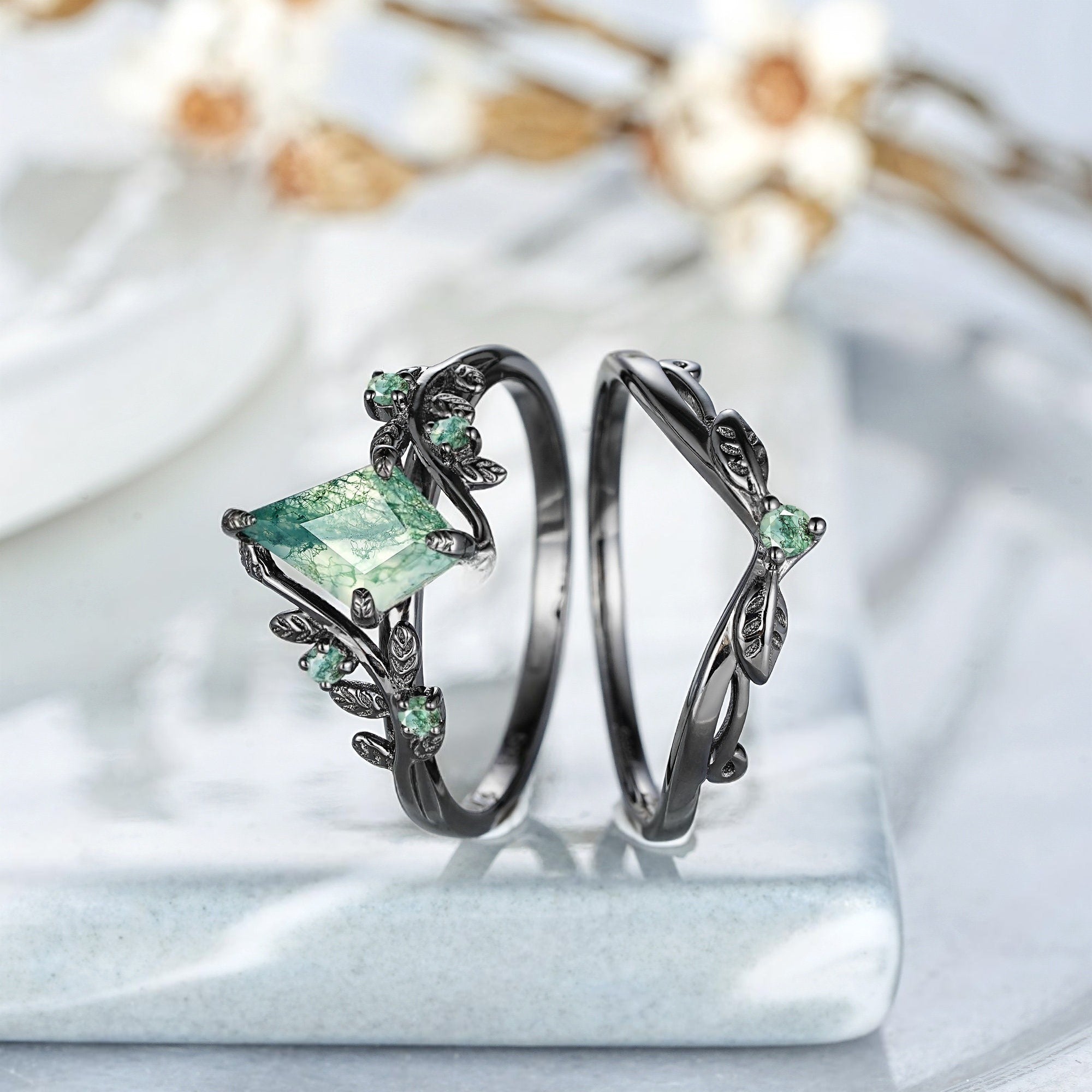 Princess Cut Unique Moss Agate Couple Rings Nature - Inspired His & Her Matching Wedding Band - anerjuly
