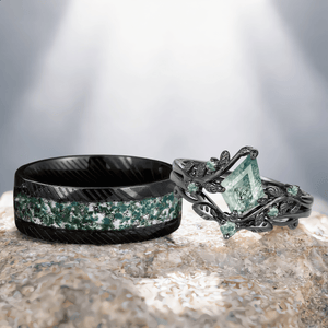 Princess Cut Unique Moss Agate Couple Rings Nature - Inspired His & Her Matching Wedding Band - anerjuly