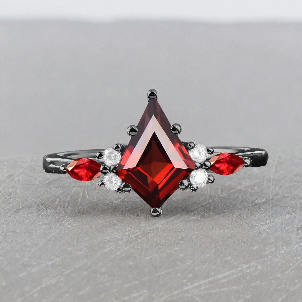 Red Couples Ring Set Garnet Engagement Ring Black Gold Couple Rings Tungsten Wedding Band Promise Ring for Her - anerjuly