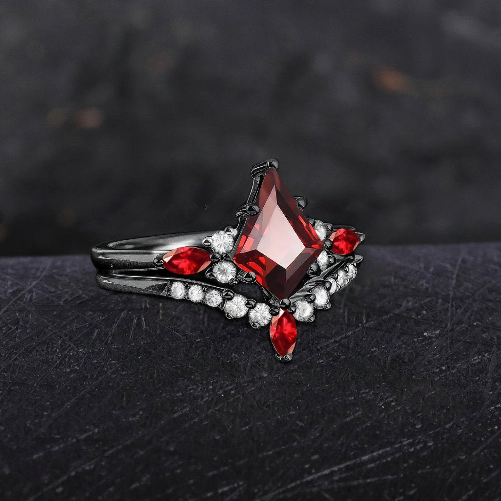 Red Couples Ring Set Garnet Engagement Ring Black Gold Couple Rings Tungsten Wedding Band Promise Ring for Her - anerjuly