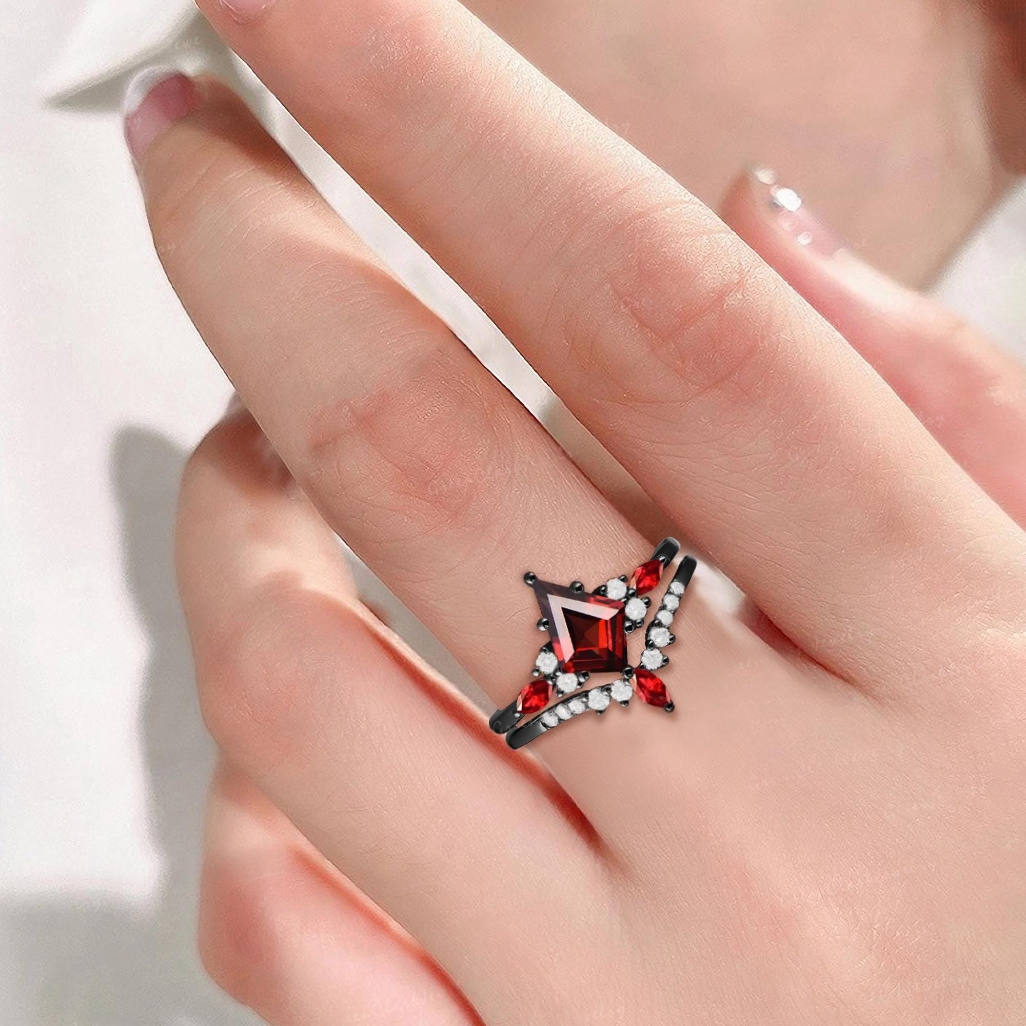 Red Couples Ring Set Garnet Engagement Ring Black Gold Couple Rings Tungsten Wedding Band Promise Ring for Her - anerjuly