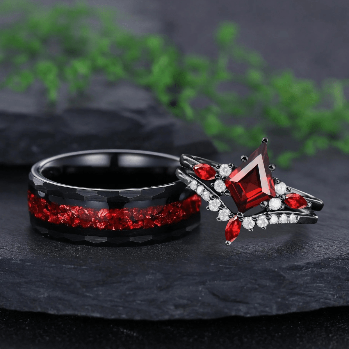 Red Couples Ring Set Garnet Engagement Ring Black Gold Couple Rings Tungsten Wedding Band Promise Ring for Her - anerjuly