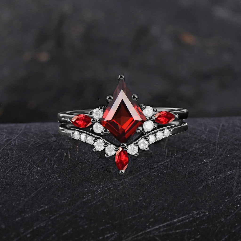 Red Couples Ring Set Garnet Engagement Ring Black Gold Couple Rings Tungsten Wedding Band Promise Ring for Her - anerjuly