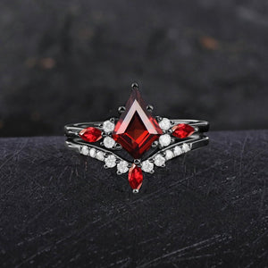 Red Couples Ring Set Garnet Engagement Ring Black Gold Couple Rings Tungsten Wedding Band Promise Ring for Her - anerjuly