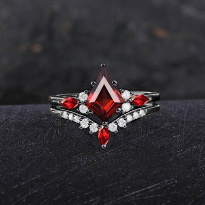 Red Couples Ring Set Garnet Engagement Ring Black Gold Couple Rings Tungsten Wedding Band Promise Ring for Her - anerjuly