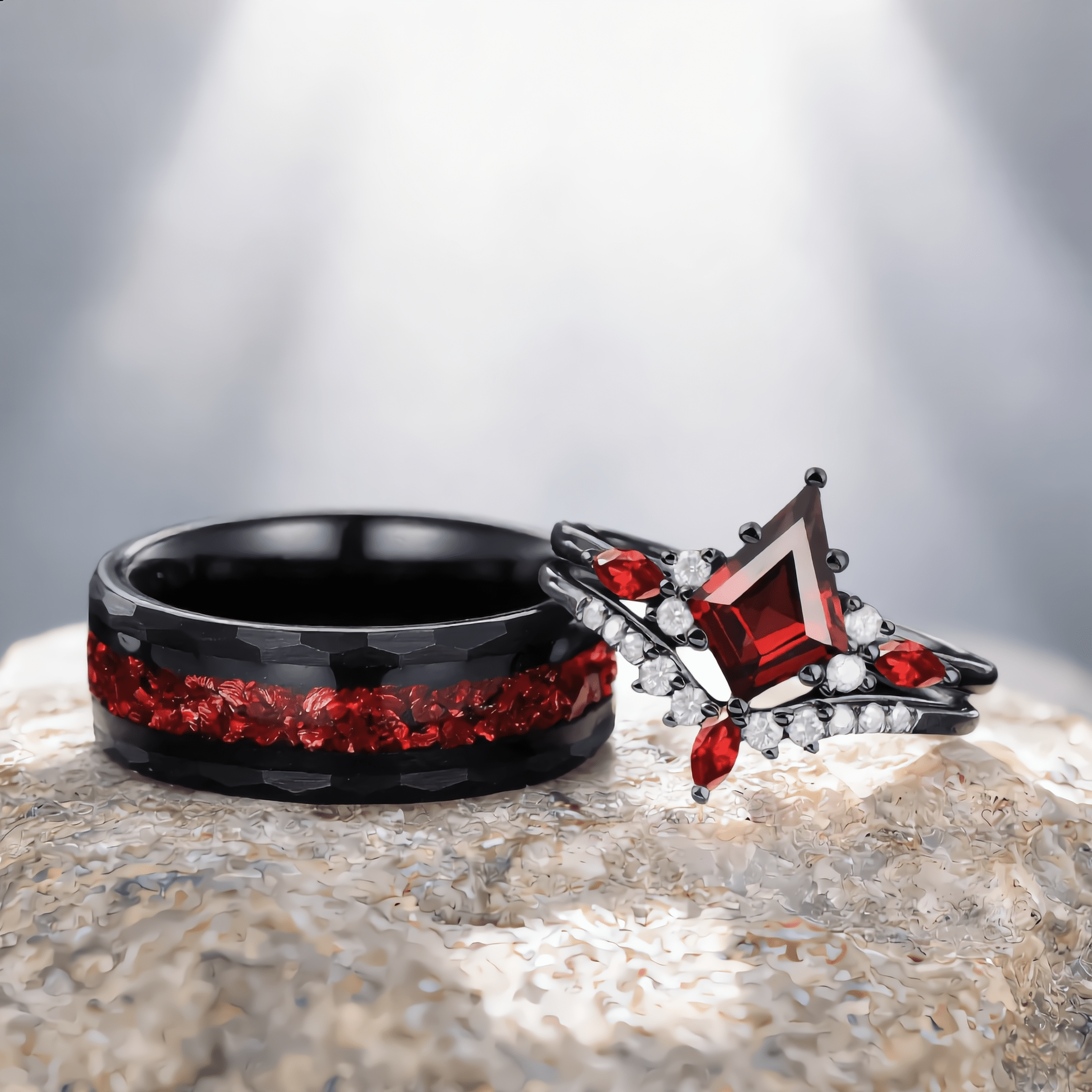 Red Couples Ring Set Garnet Engagement Ring Black Gold Couple Rings Tungsten Wedding Band Promise Ring for Her - anerjuly