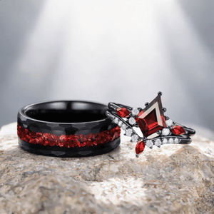 Red Couples Ring Set Garnet Engagement Ring Black Gold Couple Rings Tungsten Wedding Band Promise Ring for Her - anerjuly