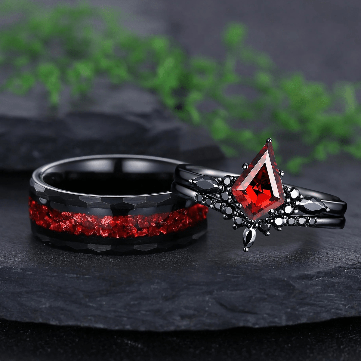 Red Couples Ring Set Garnet Engagement Ring Set Black Gold Couple Rings Tungsten Wedding Band Promise Ring for Her - anerjuly