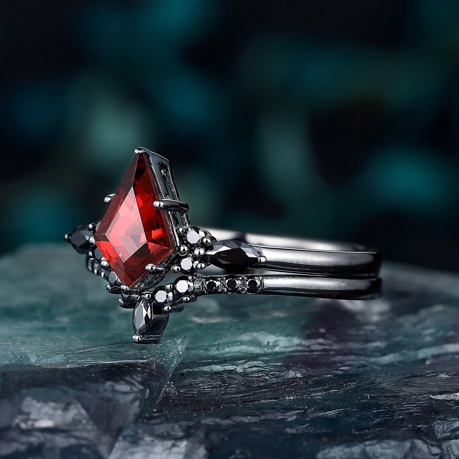 Red Couples Ring Set Garnet Engagement Ring Set Black Gold Couple Rings Tungsten Wedding Band Promise Ring for Her - anerjuly