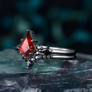 Red Couples Ring Set Garnet Engagement Ring Set Black Gold Couple Rings Tungsten Wedding Band Promise Ring for Her - anerjuly