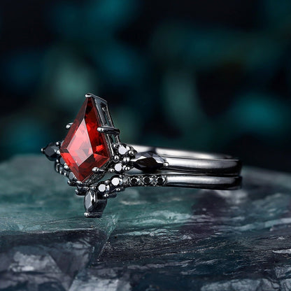 Red Couples Ring Set Garnet Engagement Ring Set Black Gold Couple Rings Tungsten Wedding Band Promise Ring for Her - anerjuly