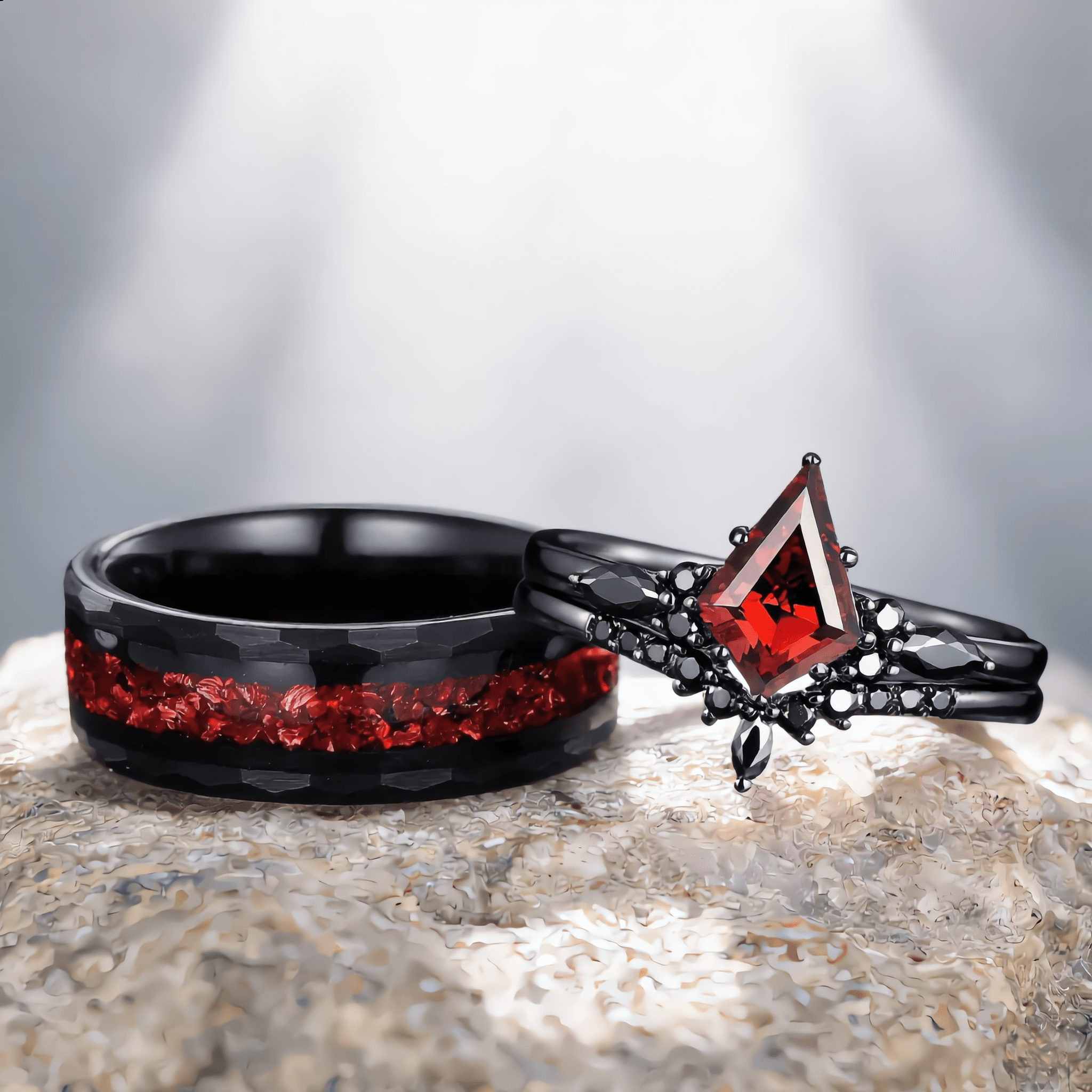 Red Couples Ring Set Garnet Engagement Ring Set Black Gold Couple Rings Tungsten Wedding Band Promise Ring for Her - anerjuly