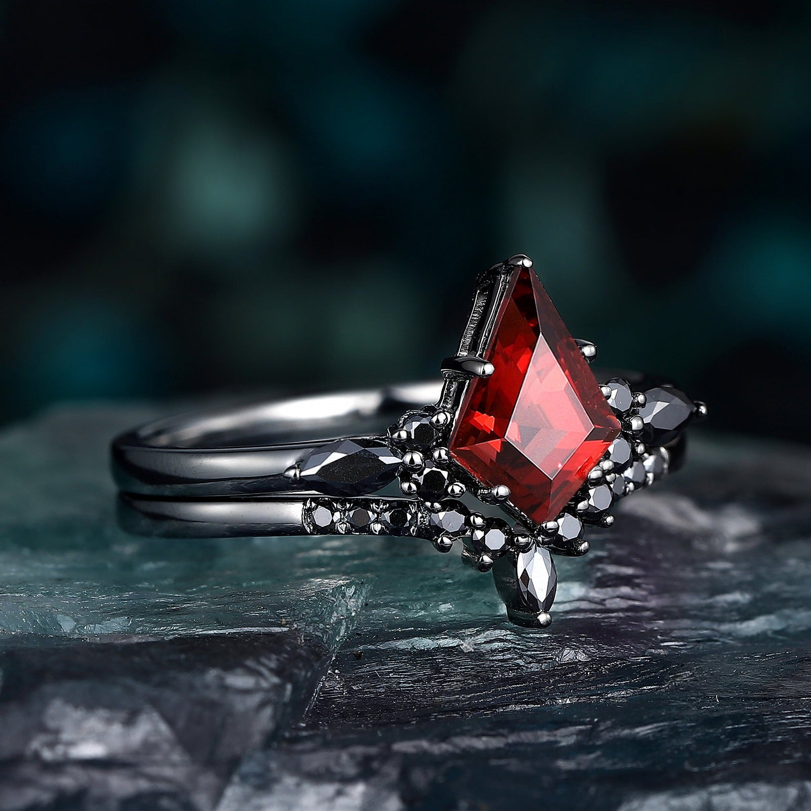 Red Couples Ring Set Garnet Engagement Ring Set Black Gold Couple Rings Tungsten Wedding Band Promise Ring for Her - anerjuly