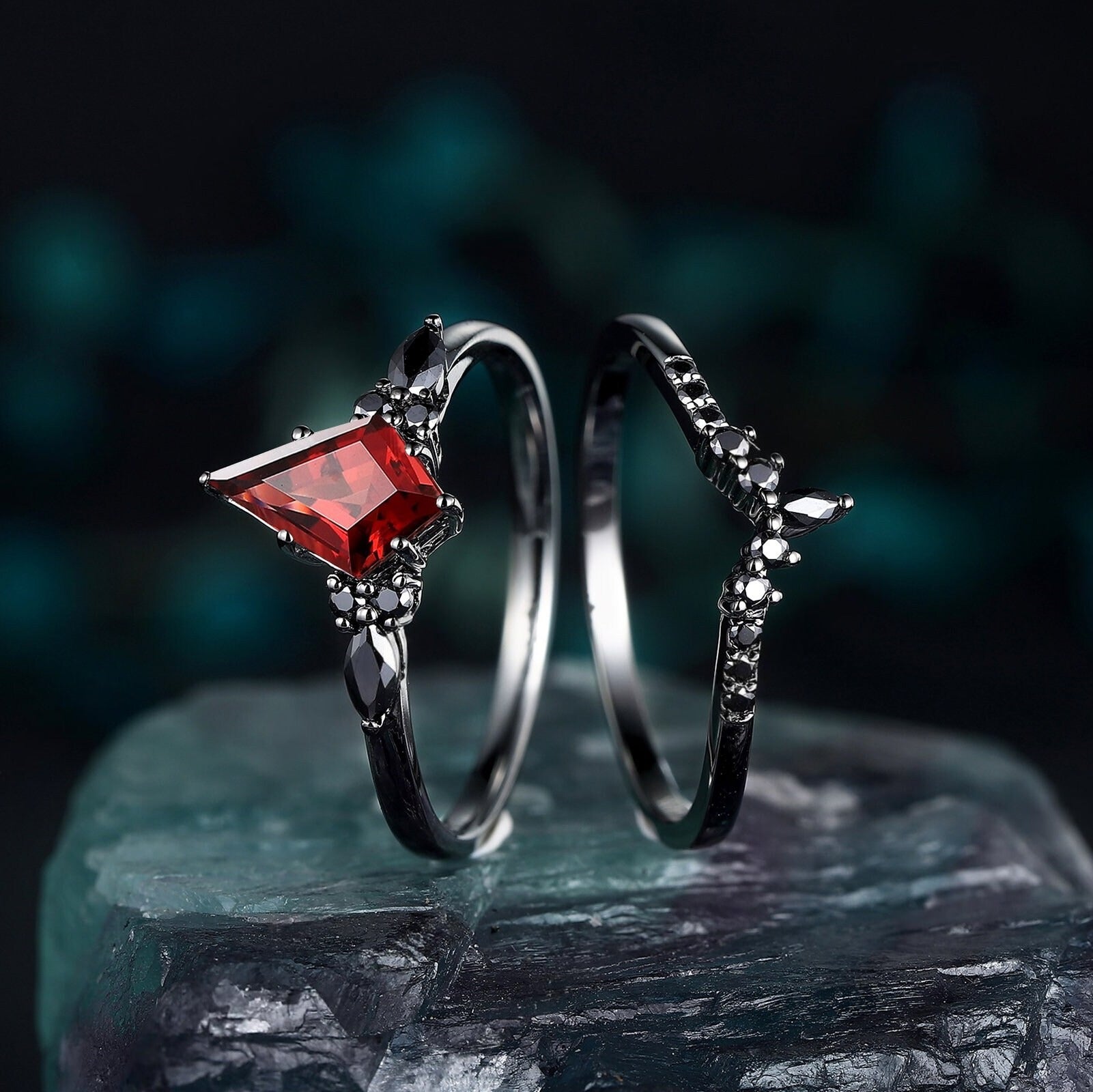 Red Couples Ring Set Garnet Engagement Ring Set Black Gold Couple Rings Tungsten Wedding Band Promise Ring for Her - anerjuly