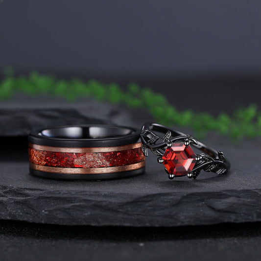 Red Garnet Couple Rings Twig Leaf Ring Garnet Cluster Ring Nature Inspired Leaf Engagement Ring Set for Women Black Gold Promise Ring Set - anerjuly