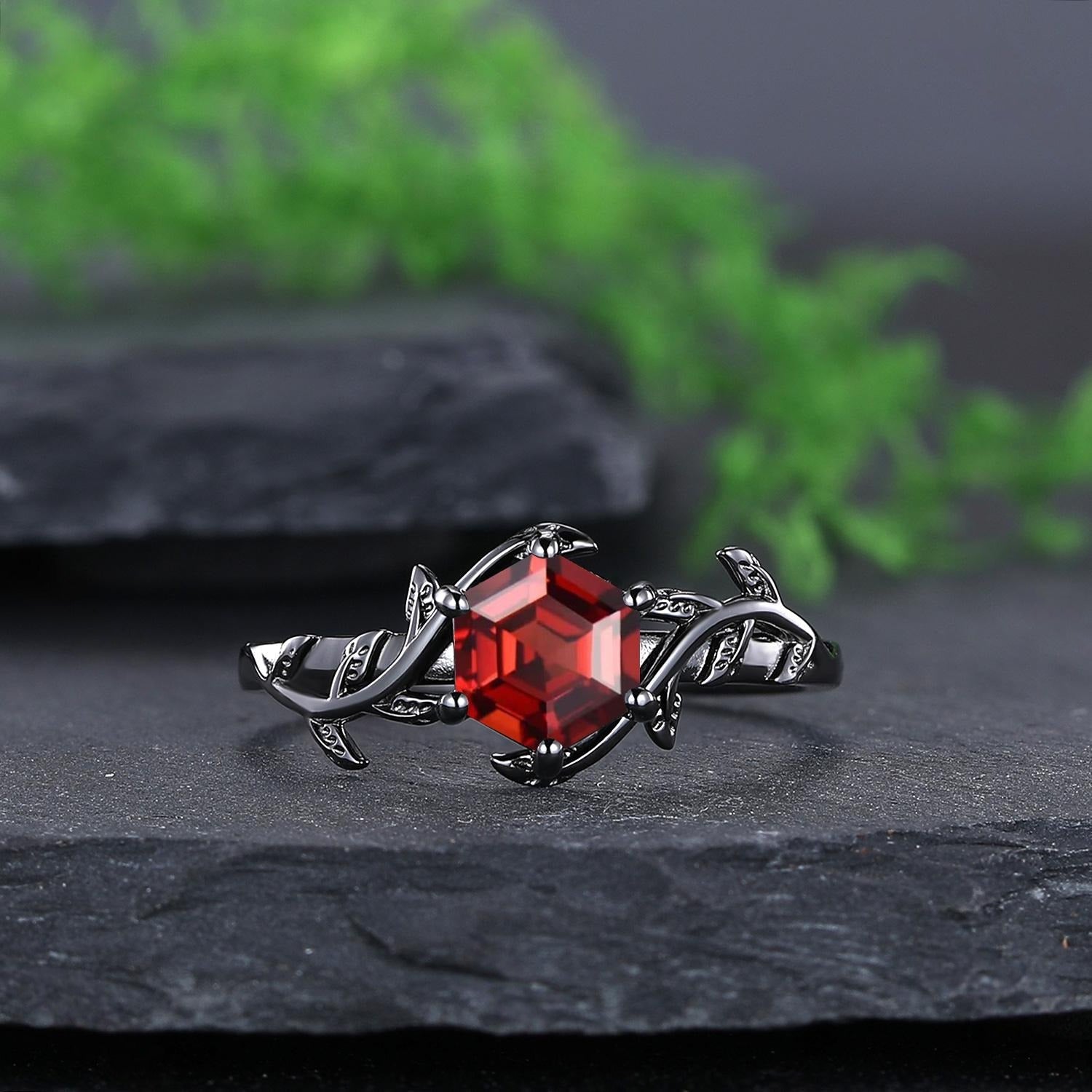 Red Garnet Couple Rings Twig Leaf Ring Garnet Cluster Ring Nature Inspired Leaf Engagement Ring Set for Women Black Gold Promise Ring Set - anerjuly