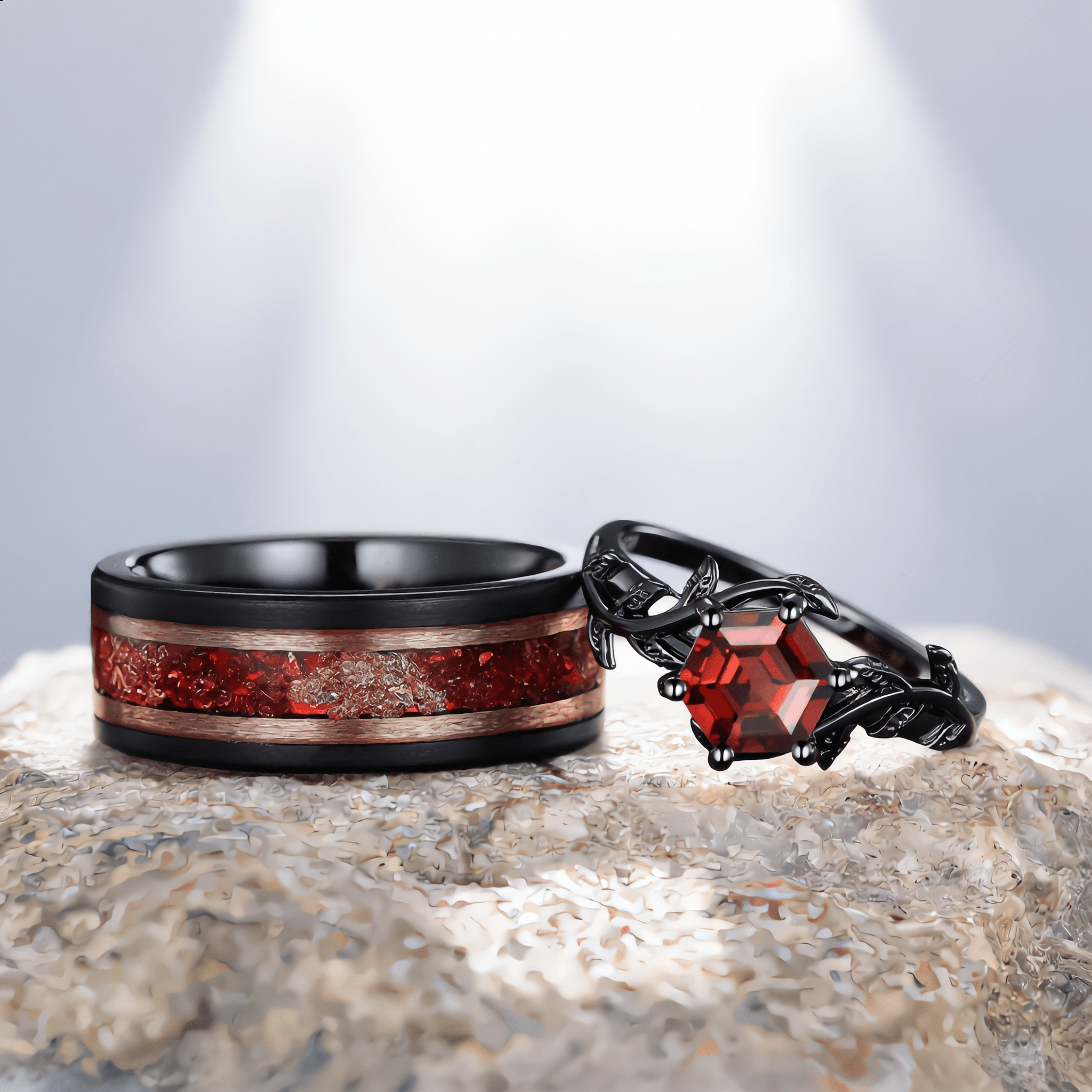 Red Garnet Couple Rings Twig Leaf Ring Garnet Cluster Ring Nature Inspired Leaf Engagement Ring Set for Women Black Gold Promise Ring Set - anerjuly