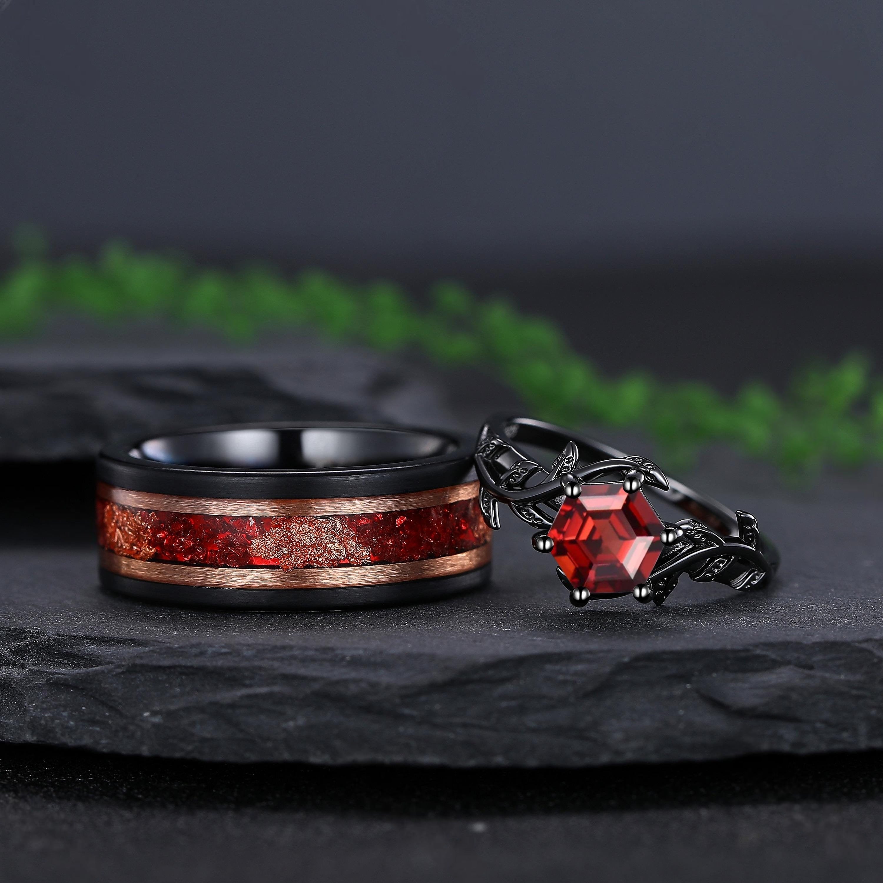Red Garnet Couple Rings Twig Leaf Ring Garnet Cluster Ring Nature Inspired Leaf Engagement Ring Set for Women Black Gold Promise Ring Set - anerjuly