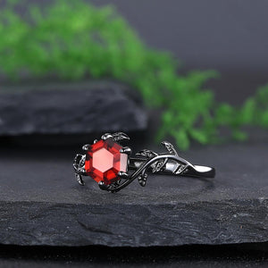 Red Garnet Couple Rings Twig Leaf Ring Garnet Cluster Ring Nature Inspired Leaf Engagement Ring Set for Women Black Gold Promise Ring Set - anerjuly