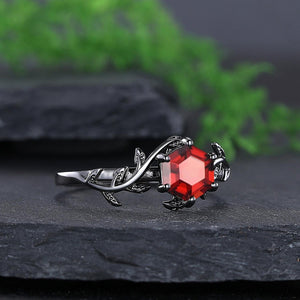 Red Garnet Couple Rings Twig Leaf Ring Garnet Cluster Ring Nature Inspired Leaf Engagement Ring Set for Women Black Gold Promise Ring Set - anerjuly