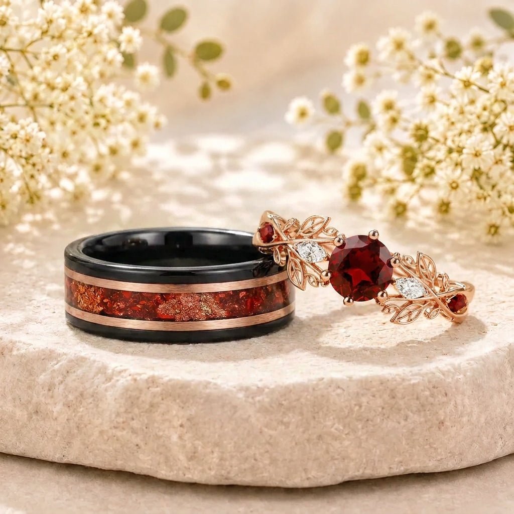 Red Garnet Couple Rings Twig Leaf Ring Garnet Cluster Ring Nature Inspired Leaf Engagement Ring Set for Women Black Gold Promise Ring Set - anerjuly