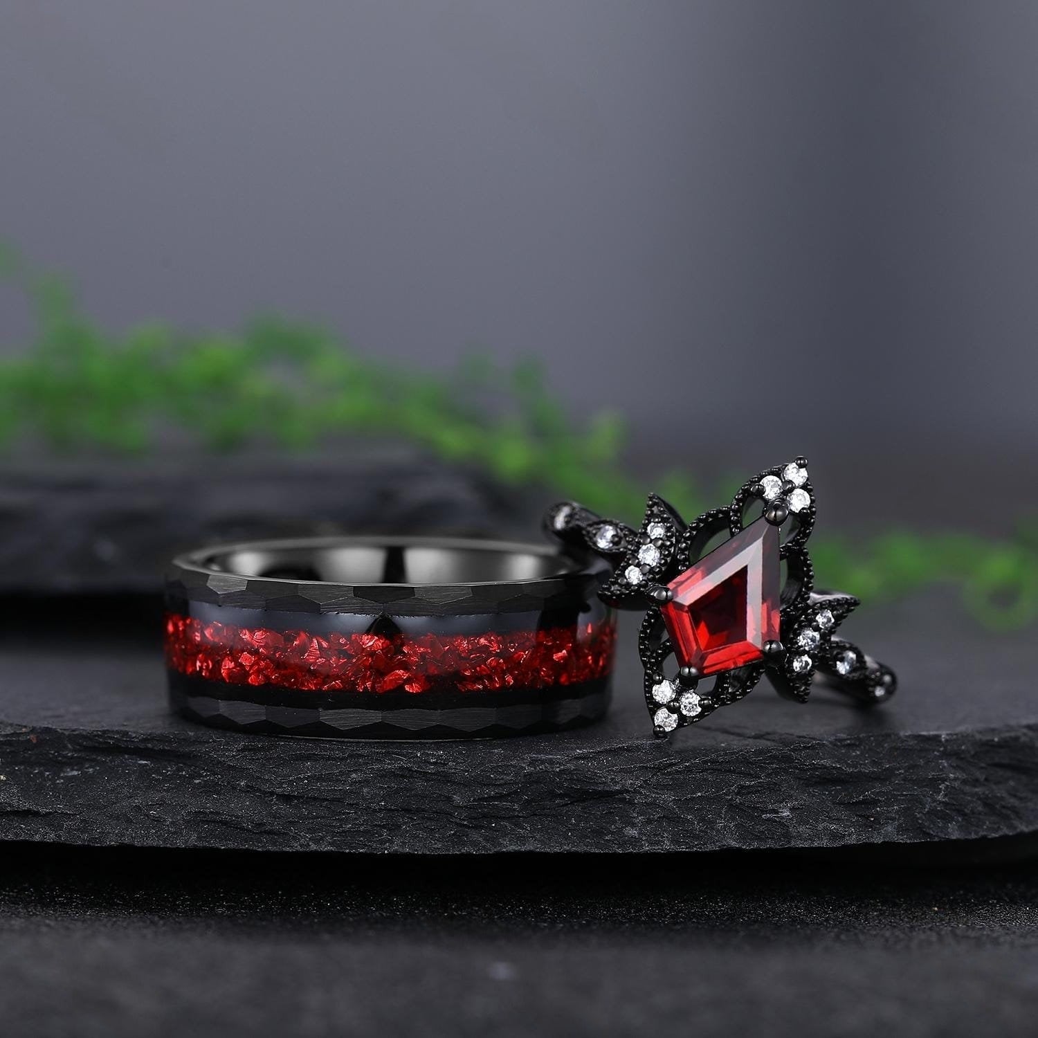 Retro Garnet Couples Ring Set Engagement Ring Set Black Gold Couple Rings Red Tungsten Wedding rings - anerjuly