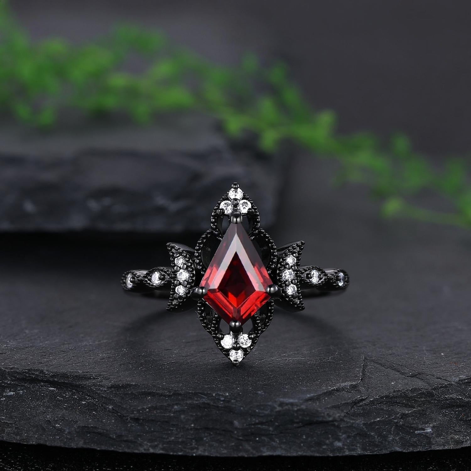 Retro Garnet Couples Ring Set Engagement Ring Set Black Gold Couple Rings Red Tungsten Wedding rings - anerjuly