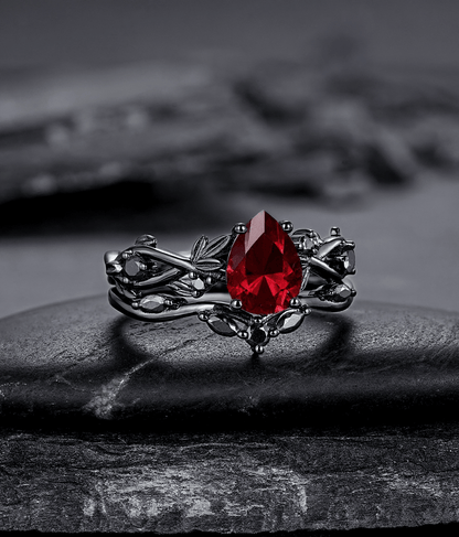 Rhodium Black Nature Inspired Garnet Ring Black Gold Couple Rings Tungsten Wedding Band Promise Ring for Her - anerjuly