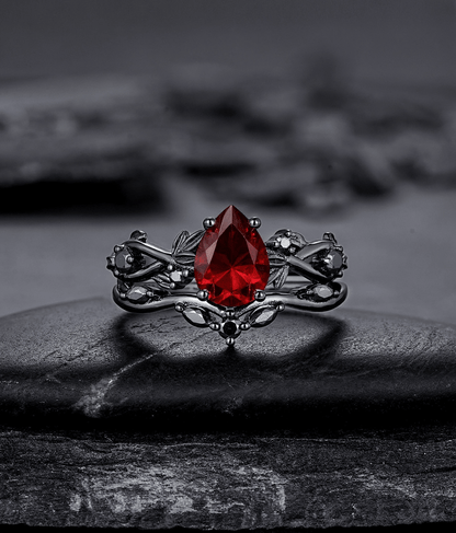 Rhodium Black Nature Inspired Garnet Ring Black Gold Couple Rings Tungsten Wedding Band Promise Ring for Her - anerjuly