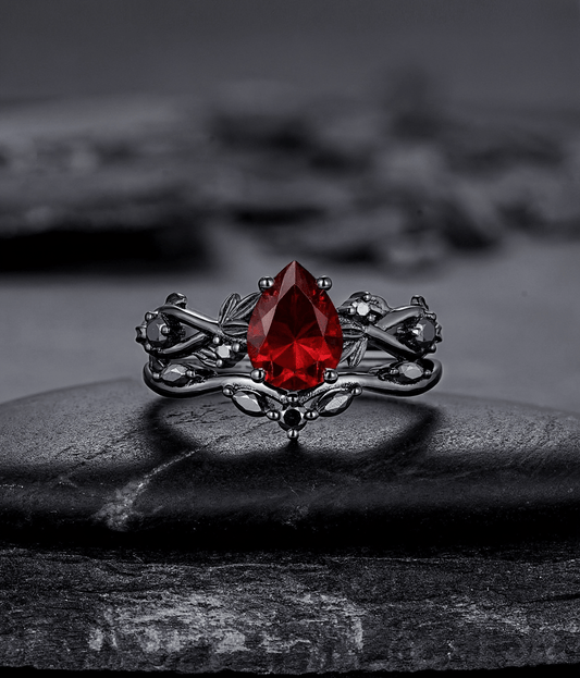 Rhodium Black Nature Inspired Garnet Ring Black Gold Couple Rings Tungsten Wedding Band Promise Ring for Her - anerjuly