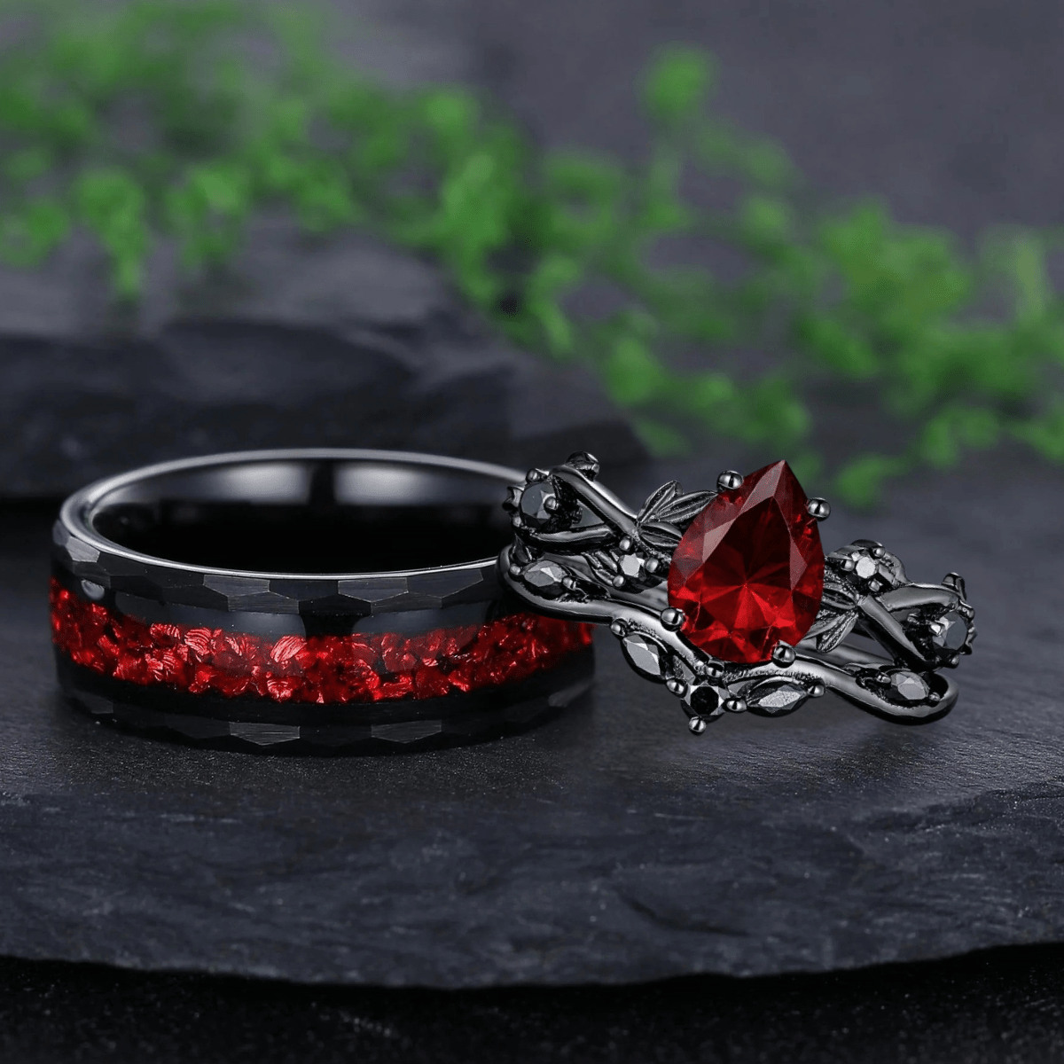 Rhodium Black Nature Inspired Garnet Ring Black Gold Couple Rings Tungsten Wedding Band Promise Ring for Her - anerjuly
