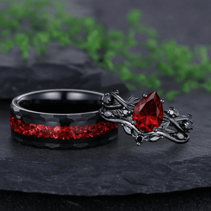 Rhodium Black Nature Inspired Garnet Ring Black Gold Couple Rings Tungsten Wedding Band Promise Ring for Her - anerjuly