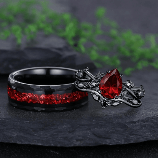Rhodium Black Nature Inspired Garnet Ring Black Gold Couple Rings Tungsten Wedding Band Promise Ring for Her - anerjuly