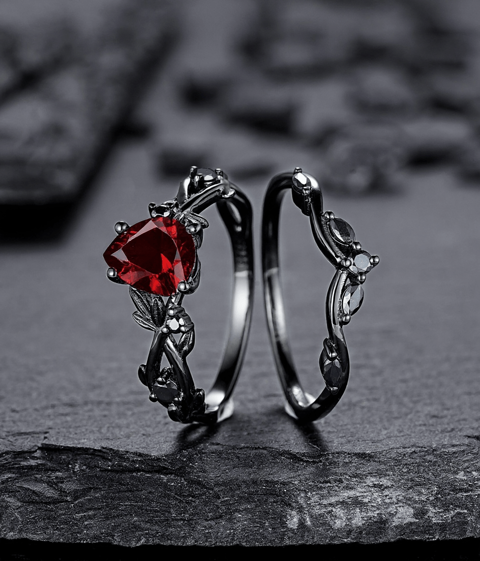 Rhodium Black Nature Inspired Garnet Ring Black Gold Couple Rings Tungsten Wedding Band Promise Ring for Her - anerjuly