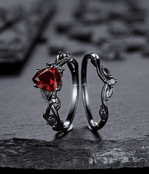 Rhodium Black Nature Inspired Garnet Ring Black Gold Couple Rings Tungsten Wedding Band Promise Ring for Her - anerjuly
