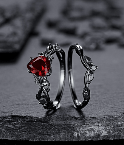 Rhodium Black Nature Inspired Garnet Ring Black Gold Couple Rings Tungsten Wedding Band Promise Ring for Her - anerjuly