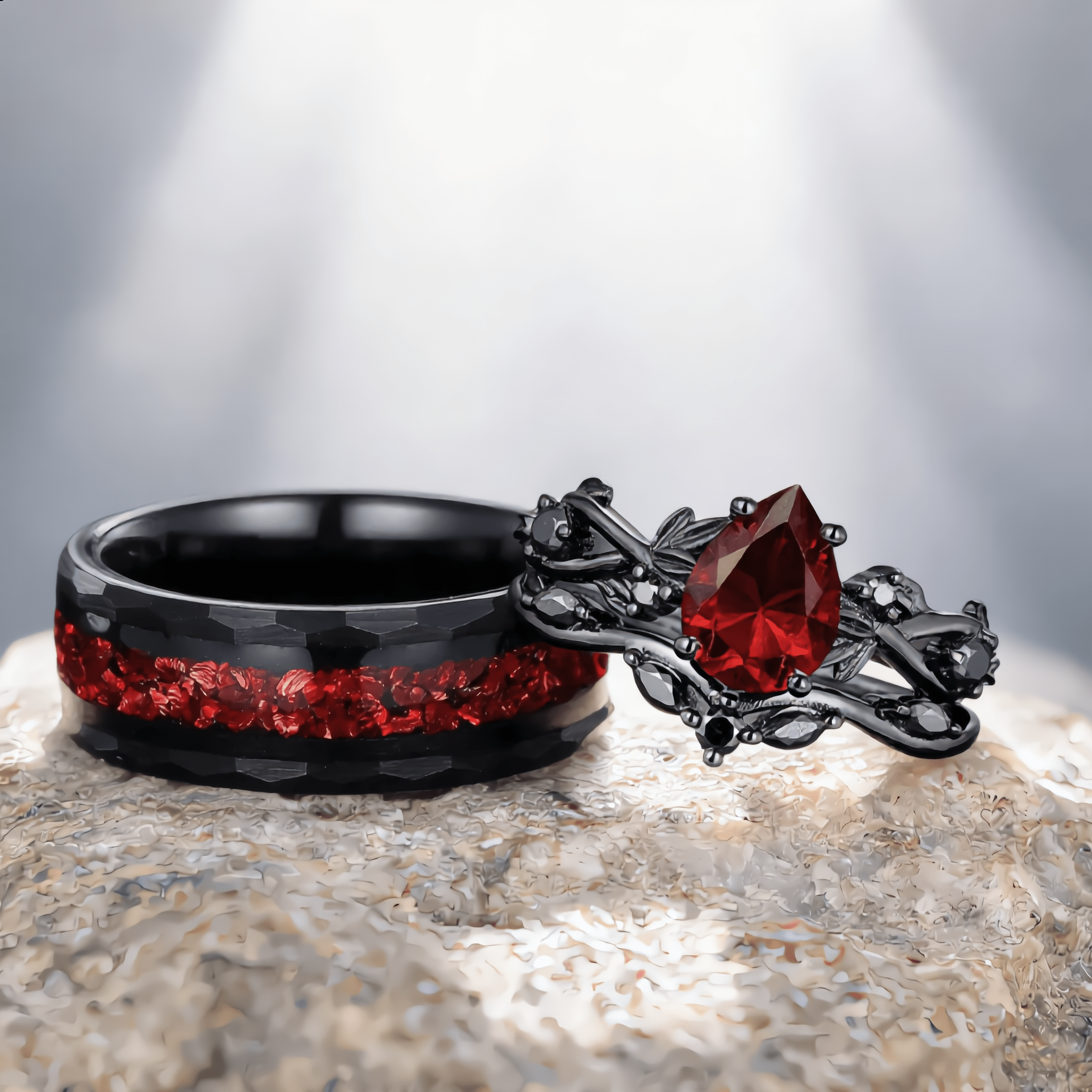 Rhodium Black Nature Inspired Garnet Ring Black Gold Couple Rings Tungsten Wedding Band Promise Ring for Her - anerjuly
