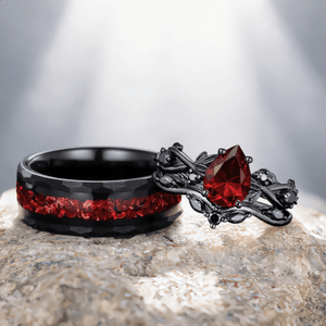 Rhodium Black Nature Inspired Garnet Ring Black Gold Couple Rings Tungsten Wedding Band Promise Ring for Her - anerjuly
