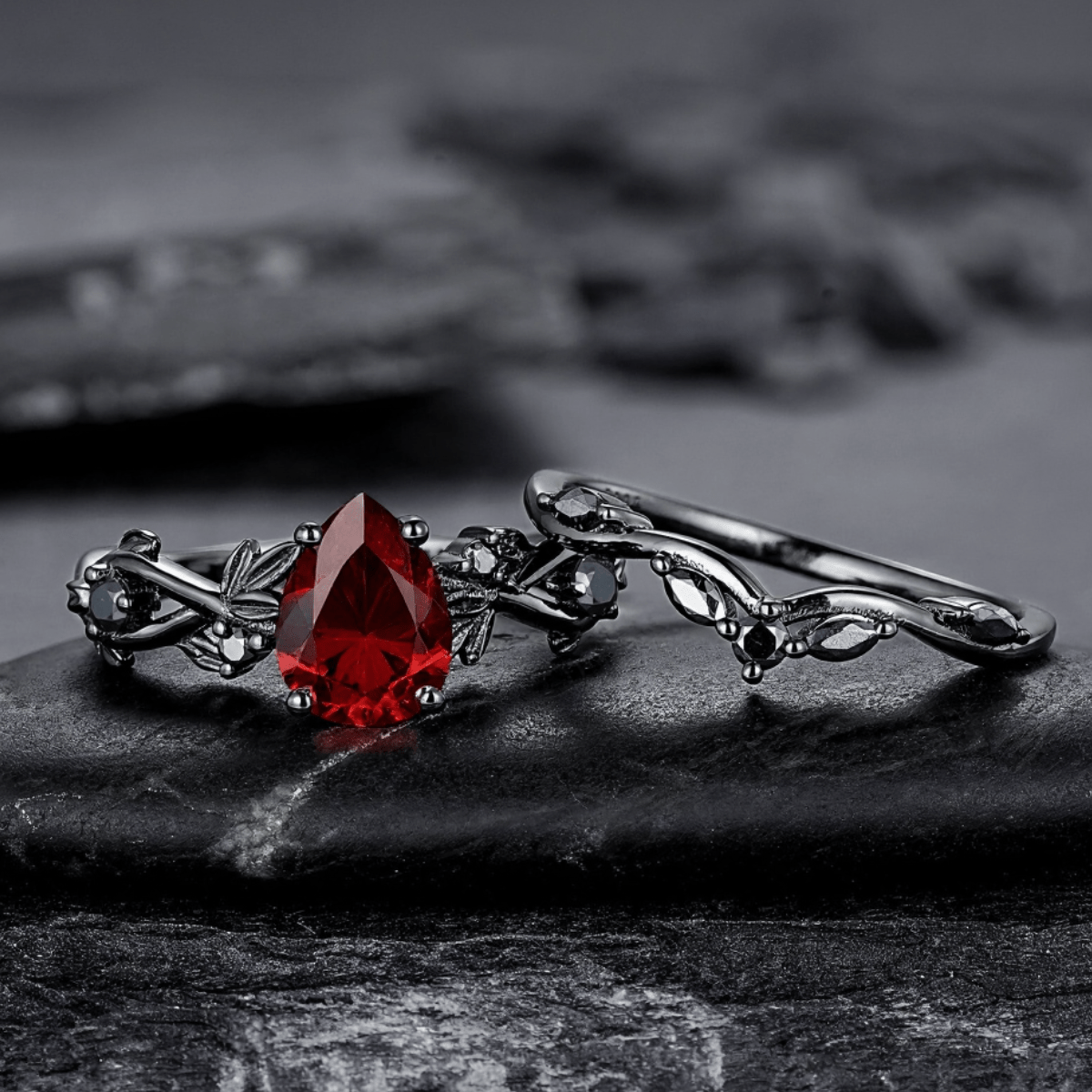 Rhodium Black Nature Inspired Garnet Ring Black Gold Couple Rings Tungsten Wedding Band Promise Ring for Her - anerjuly