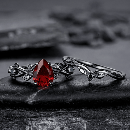 Rhodium Black Nature Inspired Garnet Ring Black Gold Couple Rings Tungsten Wedding Band Promise Ring for Her - anerjuly