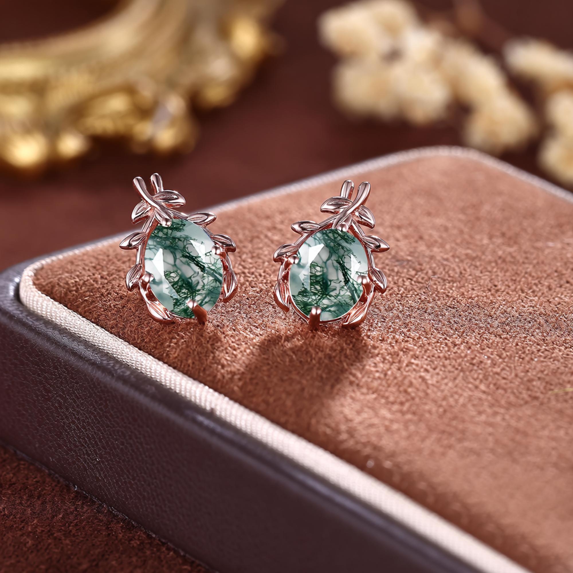 Rose Gold Branch Moss Agate Everyday Vine Leaf Nature Inspired Onyx Studs Earrings - anerjuly