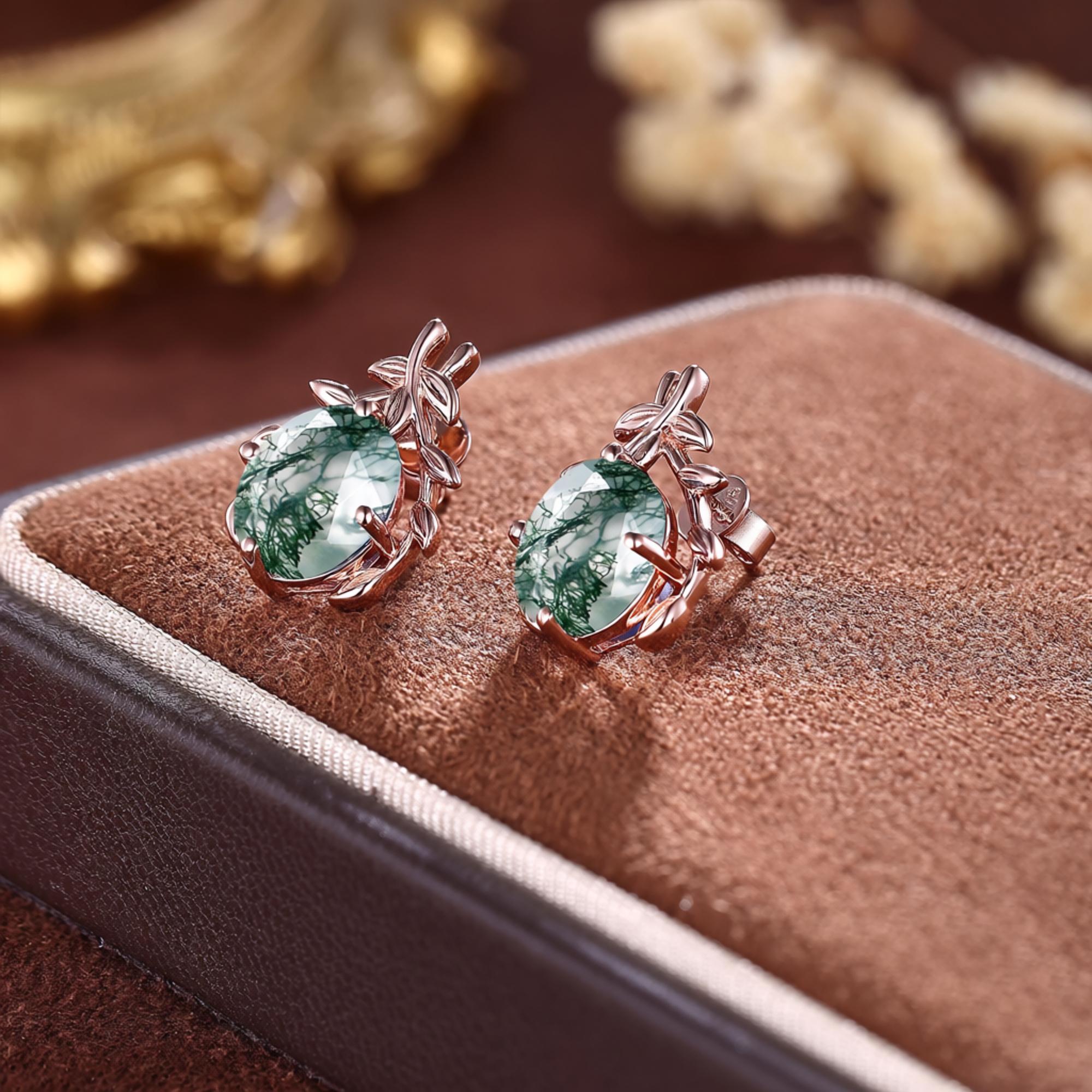 Rose Gold Branch Moss Agate Everyday Vine Leaf Nature Inspired Onyx Studs Earrings - anerjuly