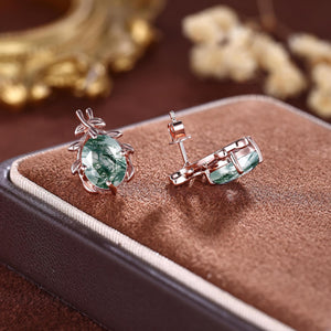 Rose Gold Branch Moss Agate Everyday Vine Leaf Nature Inspired Onyx Studs Earrings - anerjuly