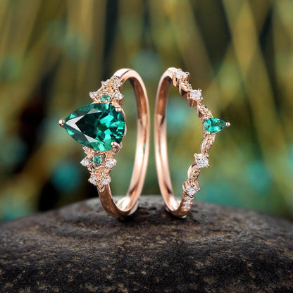 Rose Gold Fantasy Inspired Floral Leaf Bridal Set Unique His and Hers Rings Couple Ring - anerjuly